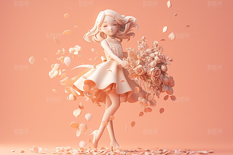 手捧鲜花的少女烂漫春天素材