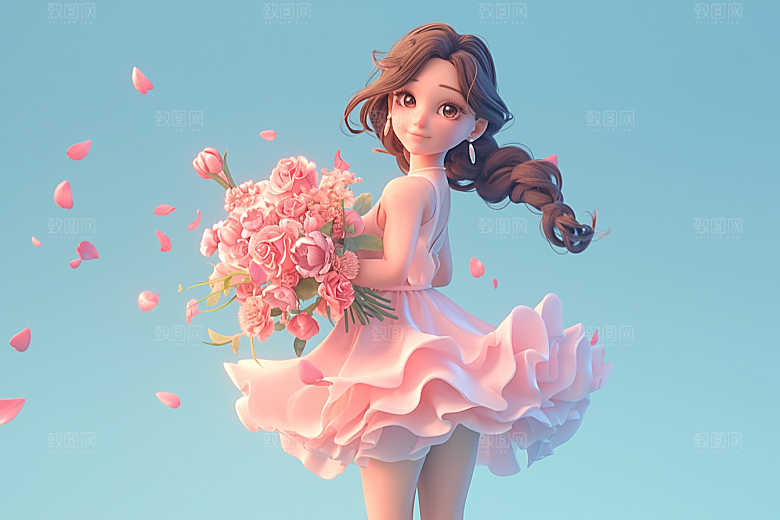 手捧鲜花的少女青春自然素材