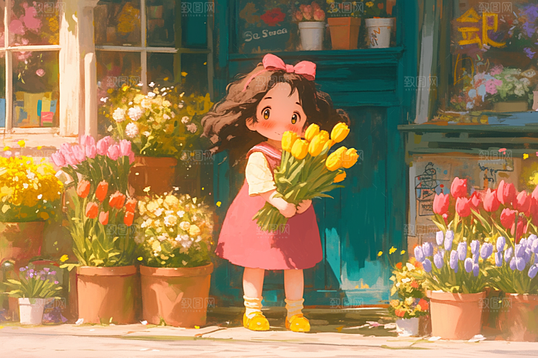 手捧鲜花的少女3D清新素材