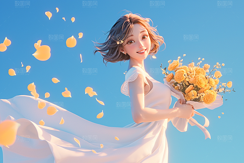 手捧鲜花的少女清新3D素材
