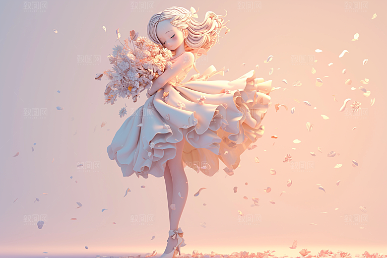 手捧鲜花的少女立体3D素材