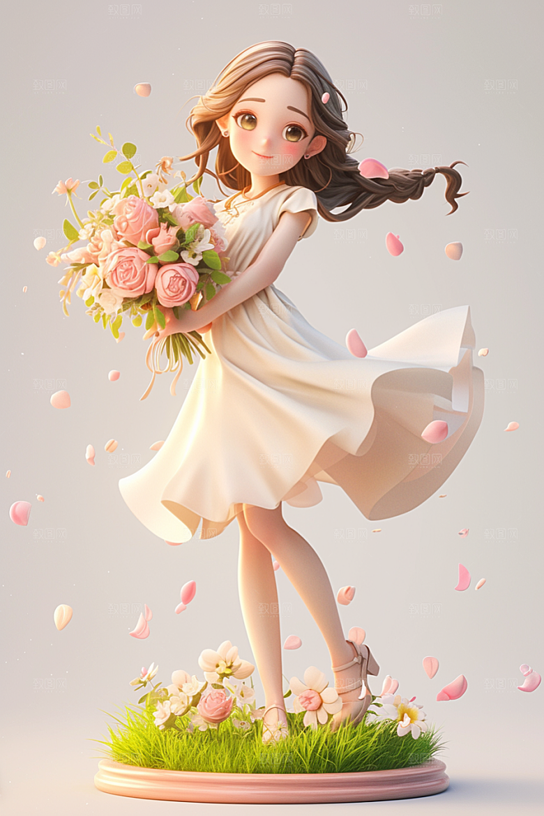 手捧鲜花的少女立体自然素材