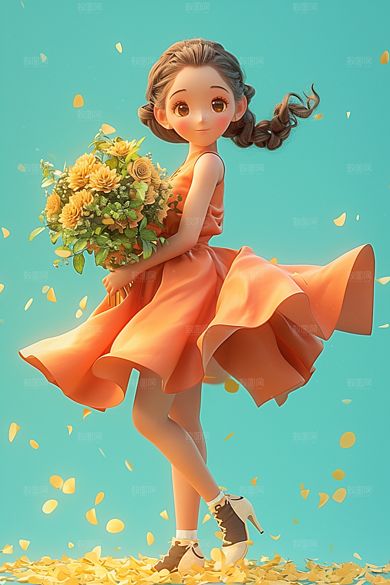 手捧鲜花的少女梦幻模型素材