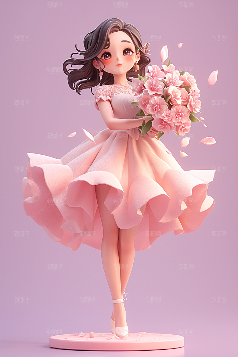 手捧鲜花的少女唯美立体素材