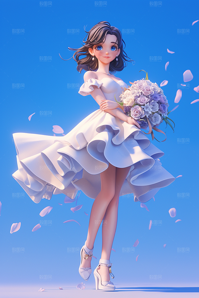 手捧鲜花的少女人物烂漫素材