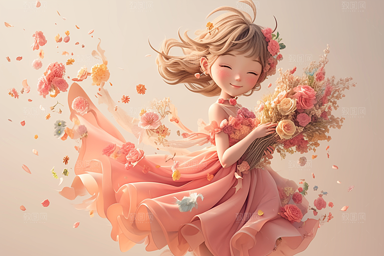 手捧鲜花的少女烂漫肖像素材