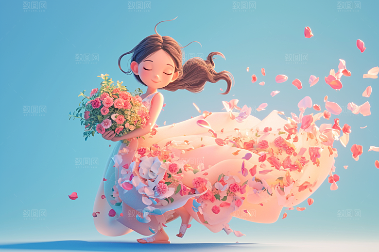 手捧鲜花的少女人物春天素材