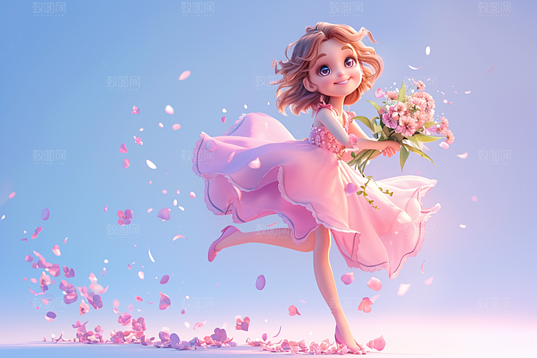 手捧鲜花的少女烂漫春天素材