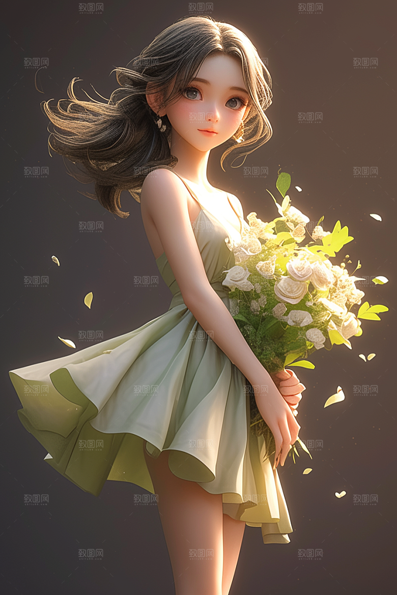 手捧鲜花的少女烂漫立体素材