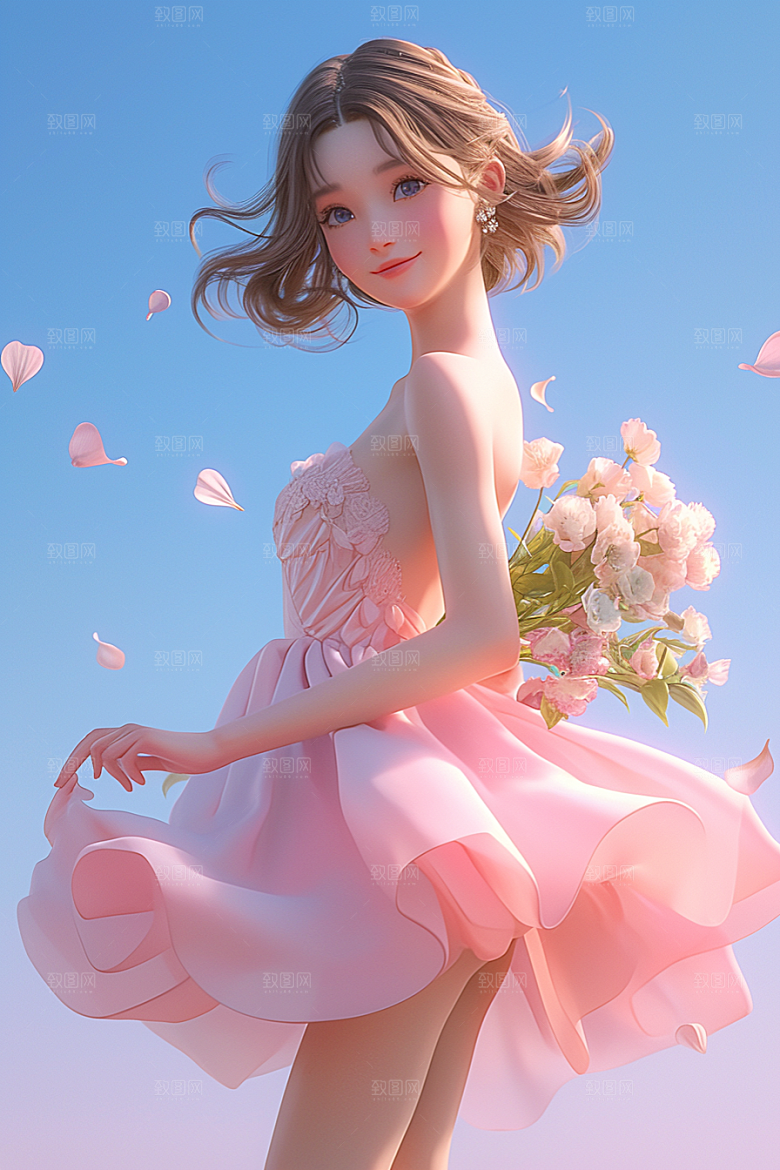 手捧鲜花的少女立体飞舞的裙摆素材