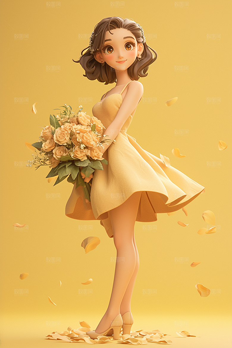 手捧鲜花的少女立体烂漫素材