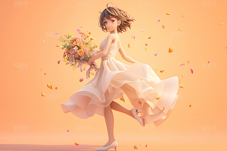 手捧鲜花的少女立体春天素材