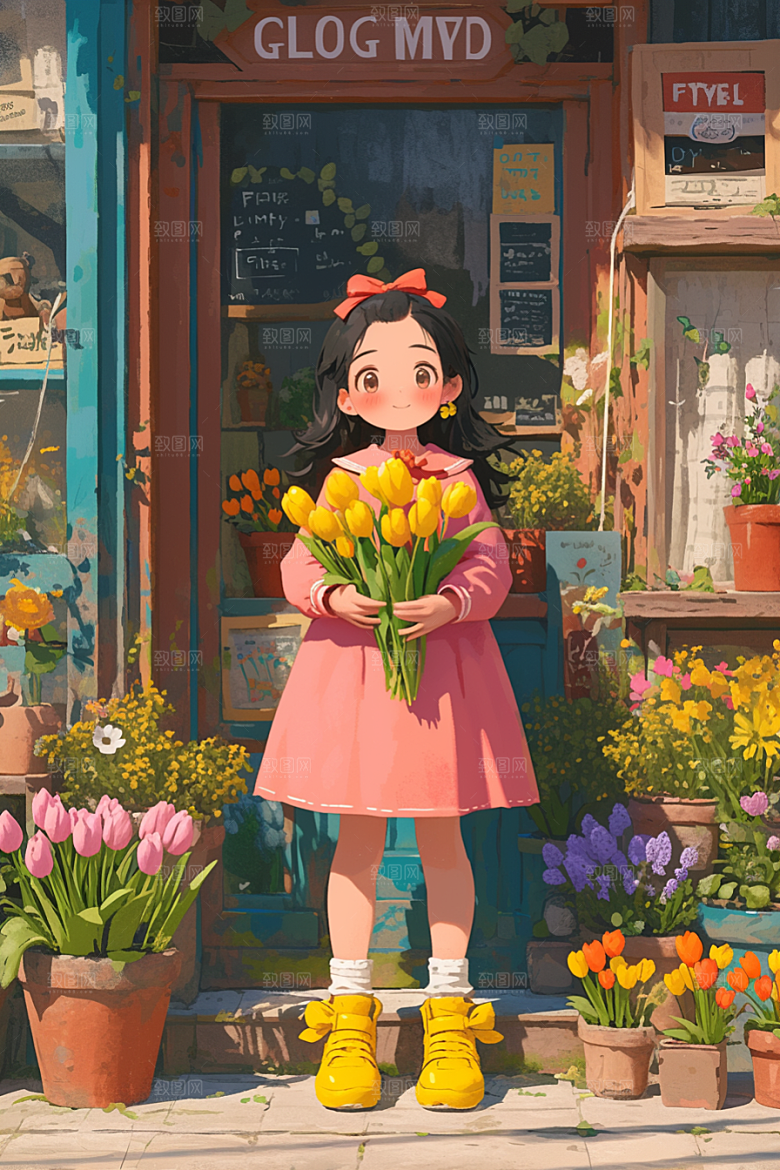 手捧鲜花的少女花朵3D素材