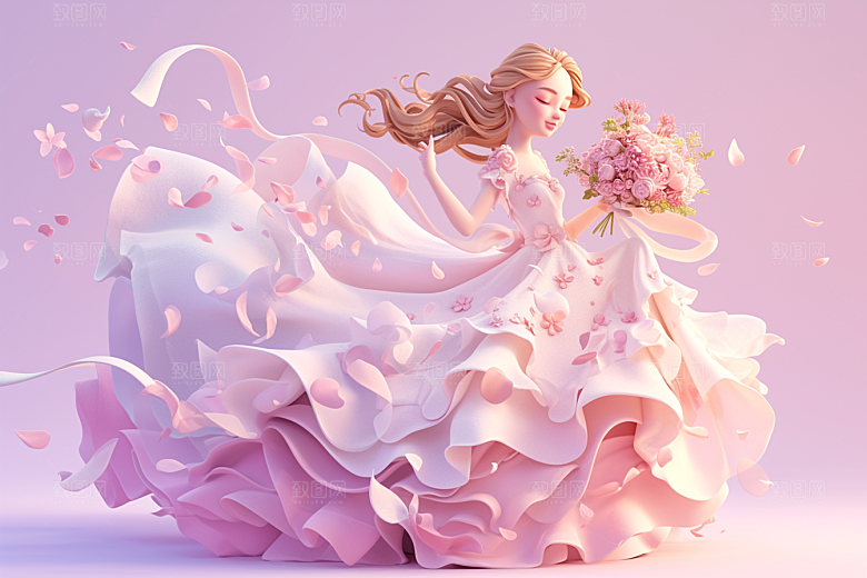 手捧鲜花的少女梦幻花朵素材