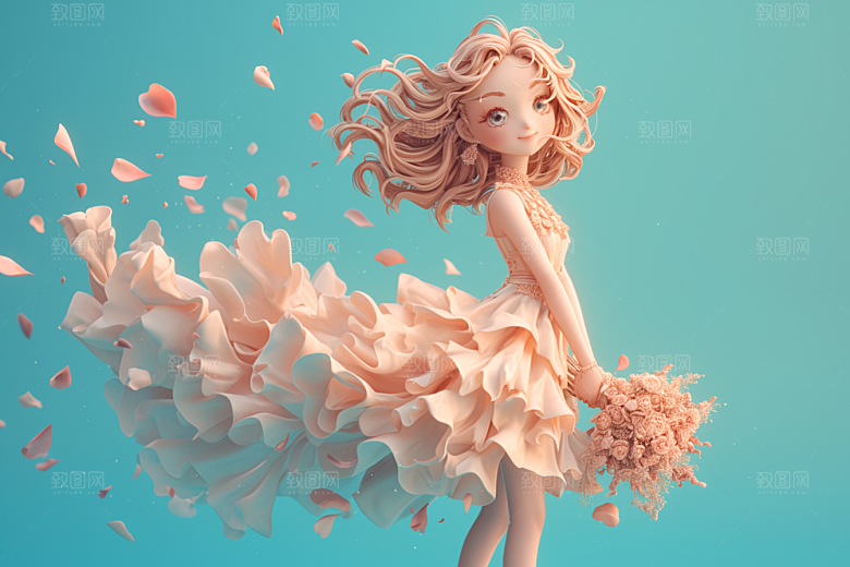 手捧鲜花的少女人物花朵素材