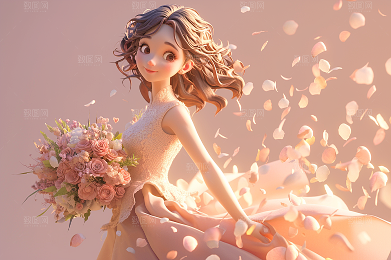 手捧鲜花的少女烂漫梦幻素材