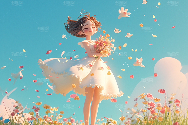 手捧鲜花的少女青春模型素材