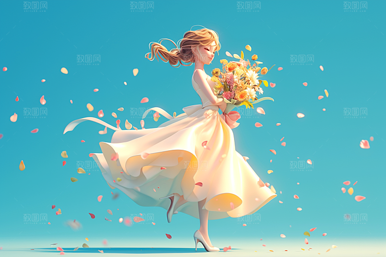 手捧鲜花的少女清新3D素材
