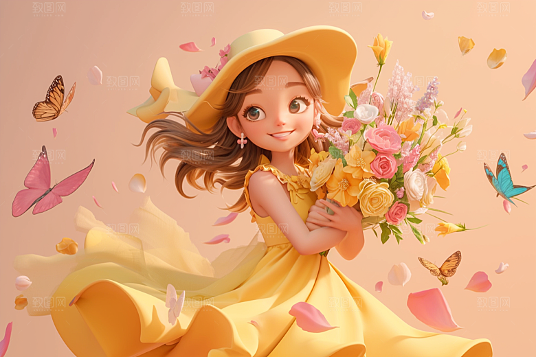 手捧鲜花的少女清新立体素材