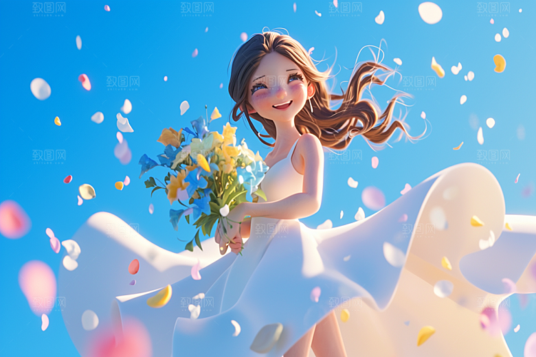 手捧鲜花的少女烂漫立体素材