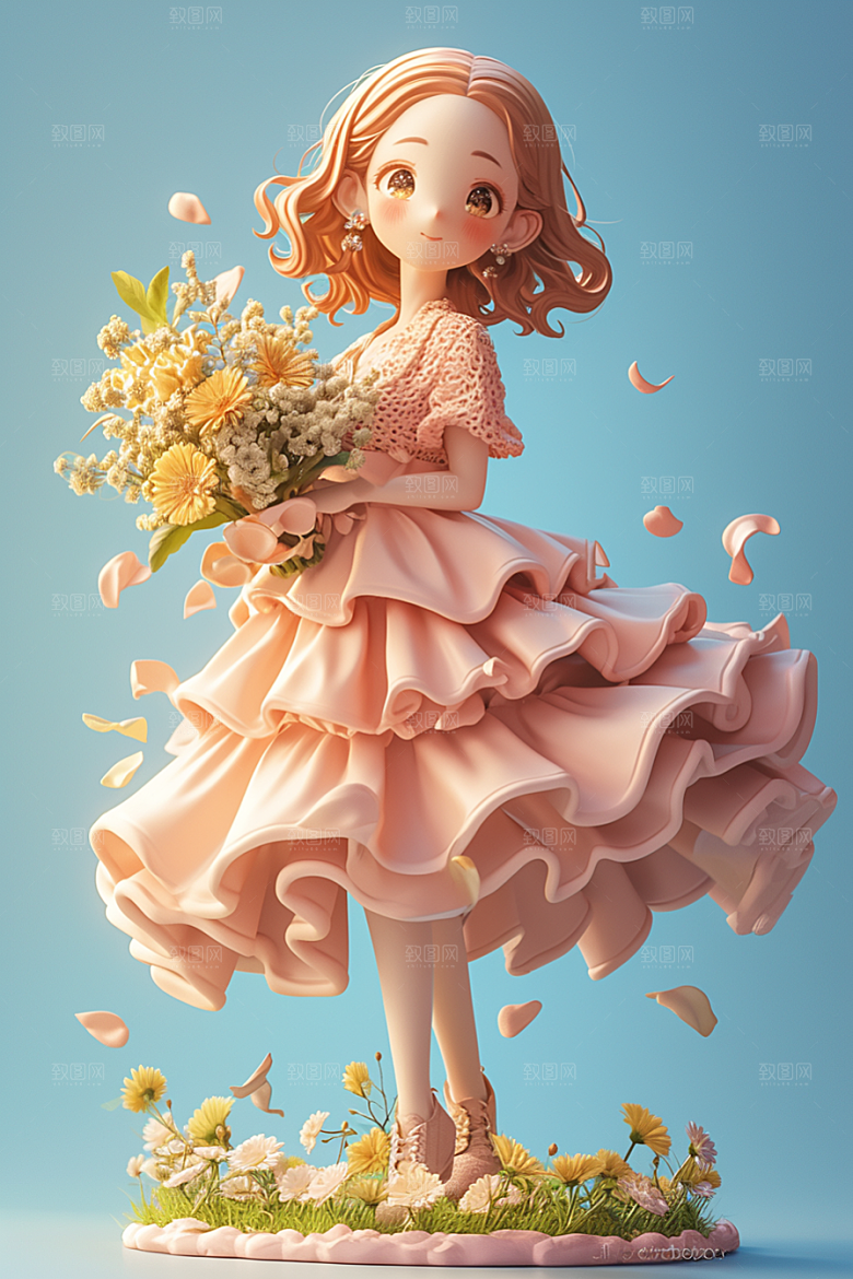 手捧鲜花的少女肖像自然素材