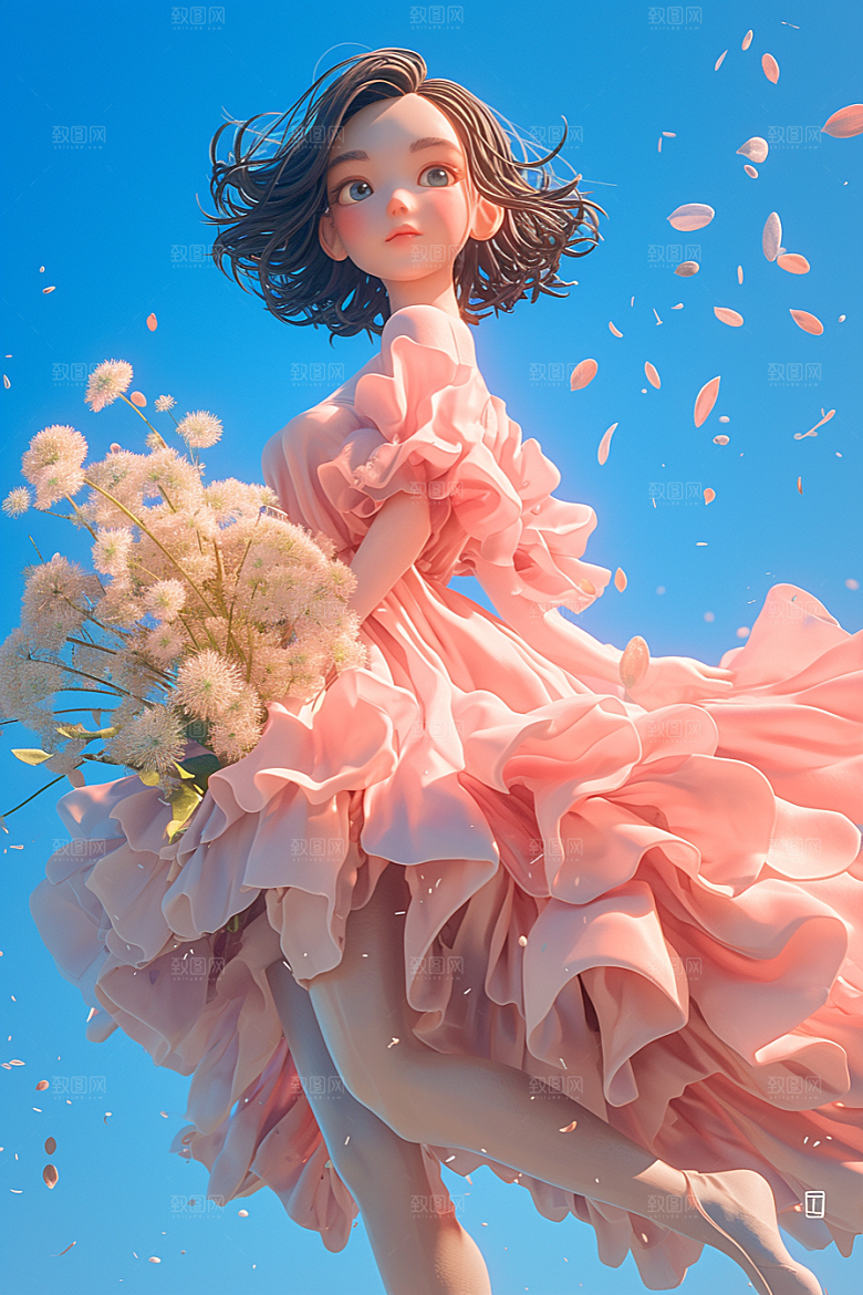 手捧鲜花的少女花朵模型素材