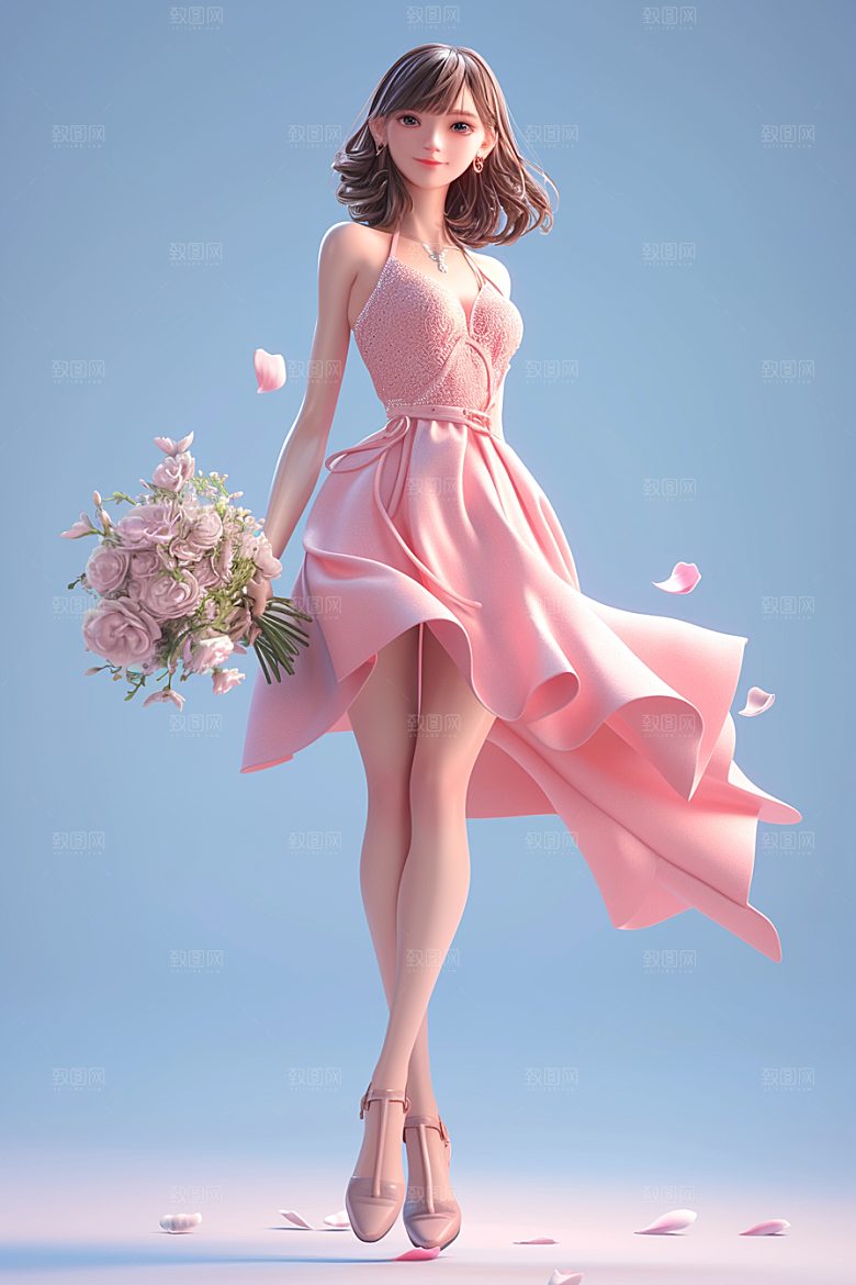 手捧鲜花的少女肖像唯美素材