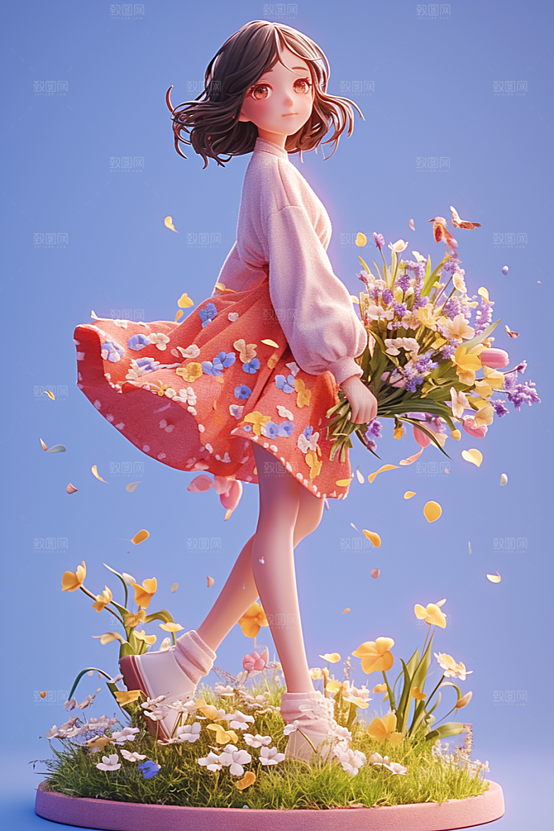 手捧鲜花的少女自然春天素材