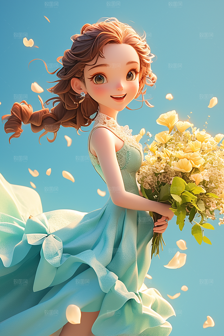 手捧鲜花的少女自然春天素材