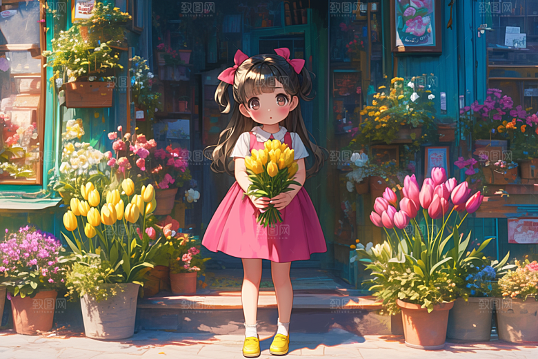 手捧鲜花的少女肖像模型素材
