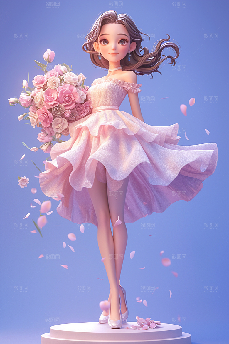 手捧鲜花的少女3D梦幻素材