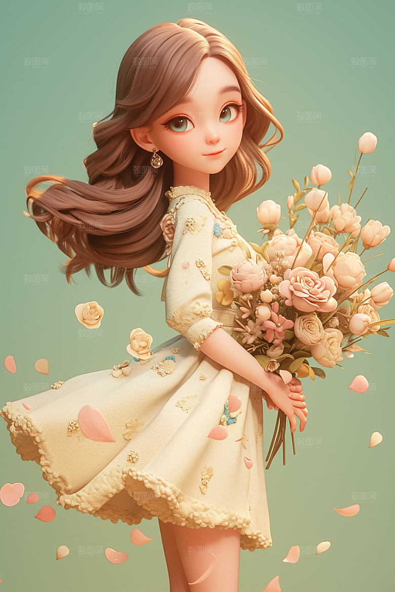 手捧鲜花的少女梦幻模型素材