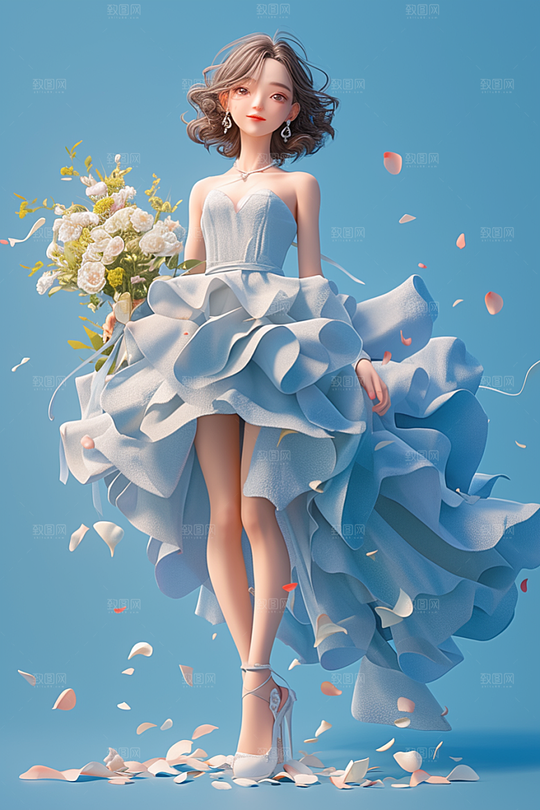 手捧鲜花的少女立体模型素材