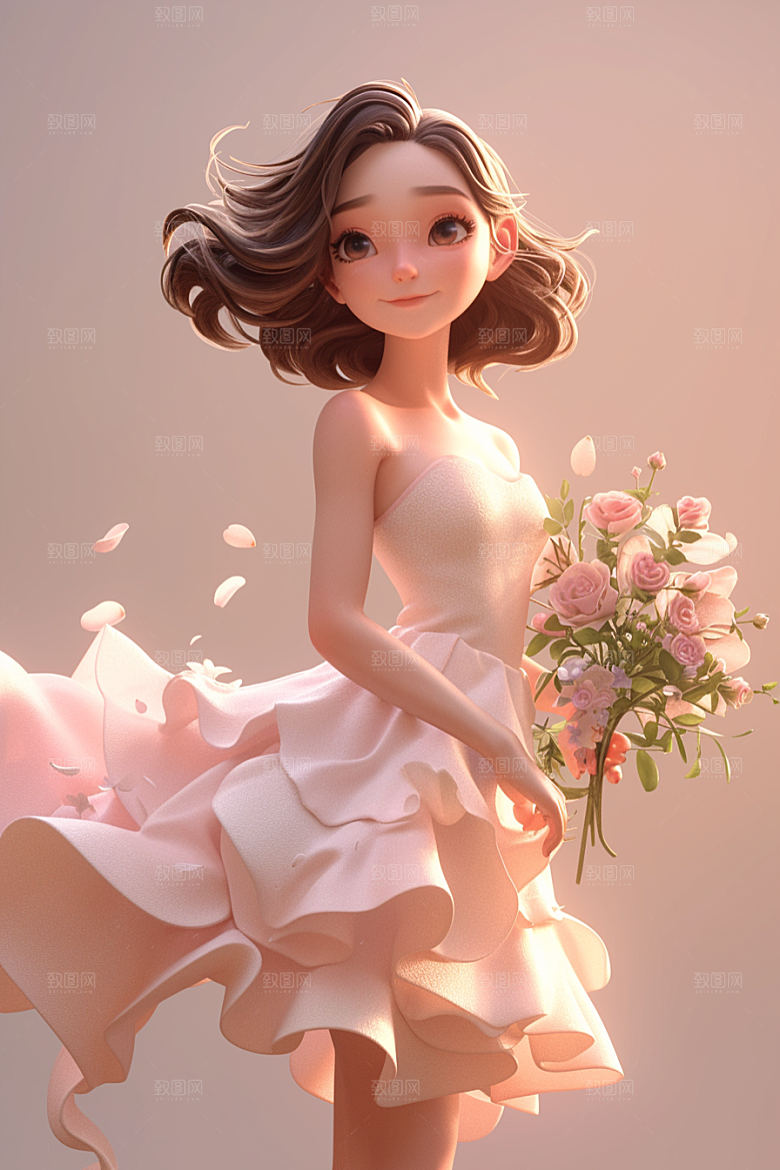 手捧鲜花的少女自然立体素材