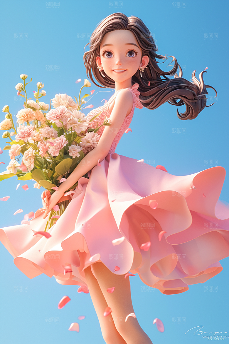 手捧鲜花的少女3D梦幻素材