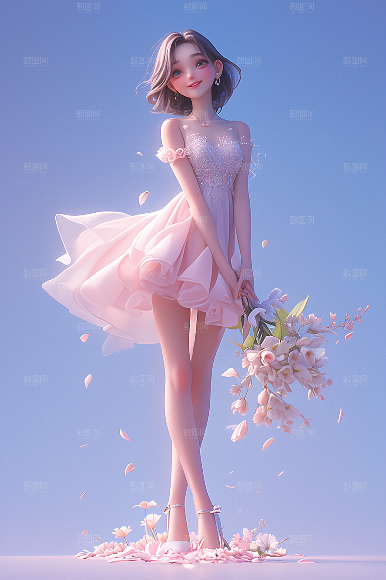 手捧鲜花的少女烂漫唯美素材