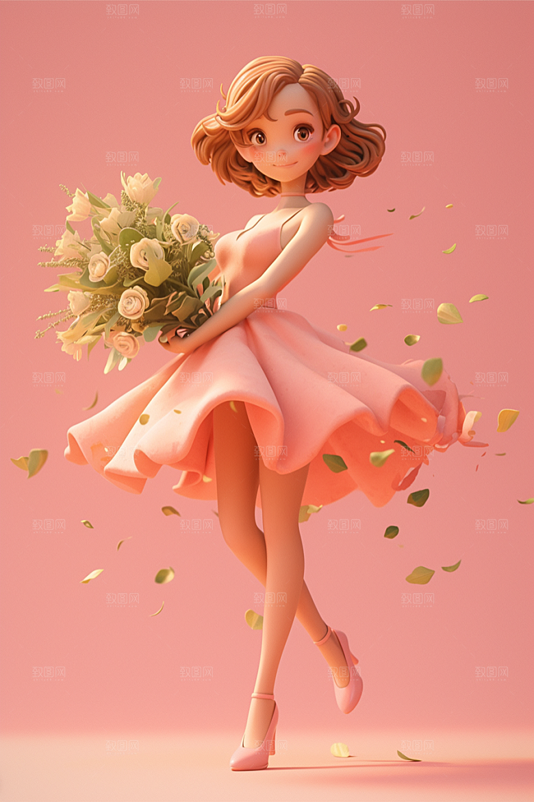 手捧鲜花的少女梦幻飞舞的裙摆素材