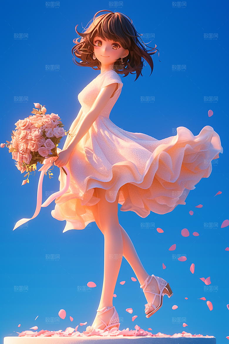 手捧鲜花的少女3D肖像素材