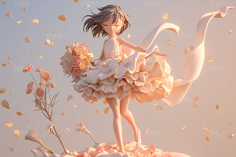 手捧鲜花的少女飞舞的裙摆梦幻素材
