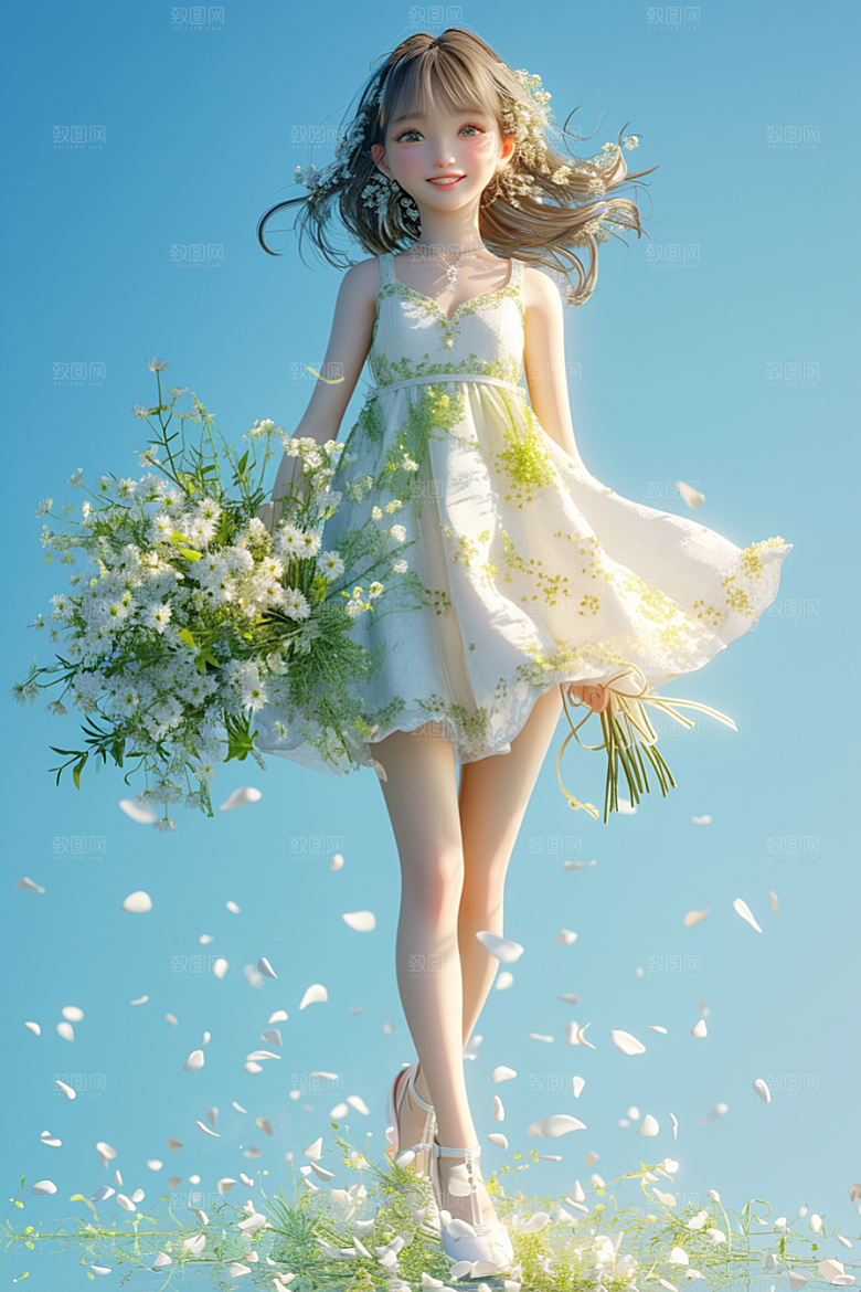 手捧鲜花的少女烂漫自然素材