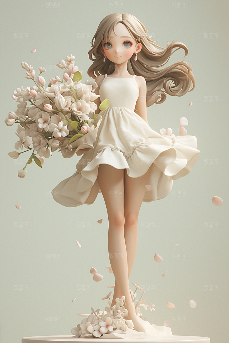 手捧鲜花的少女3D春天素材