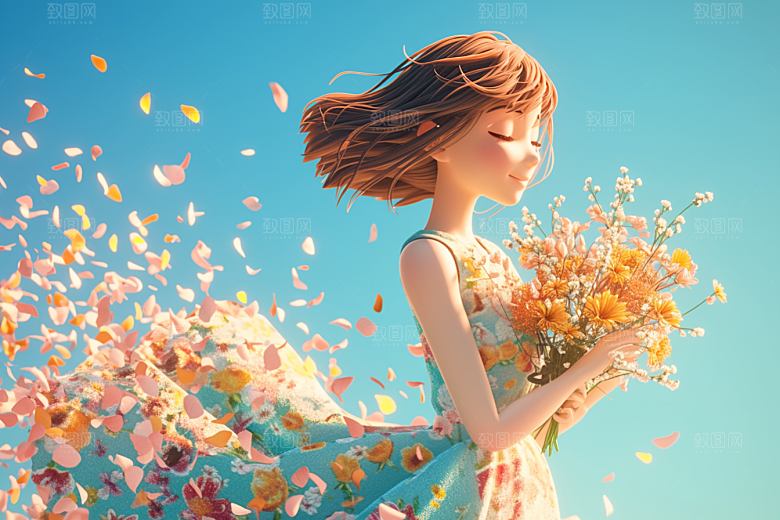 手捧鲜花的少女立体人物素材