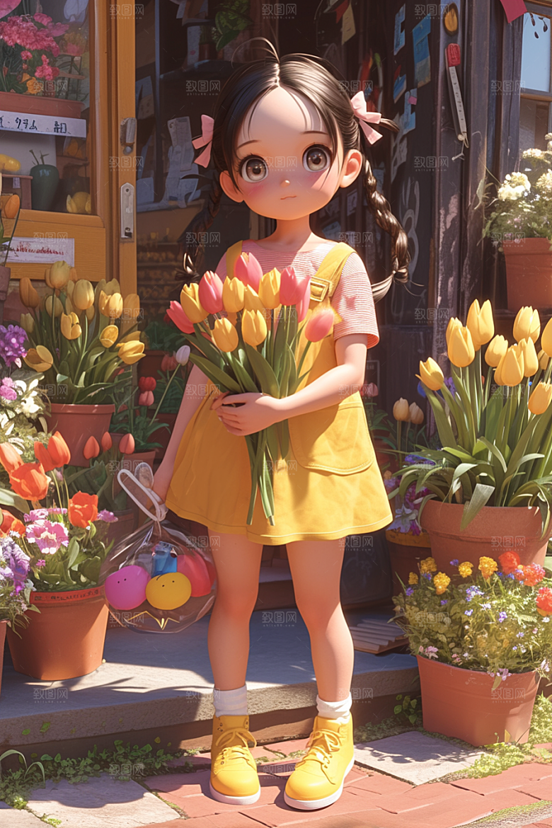 手捧鲜花的少女立体烂漫素材