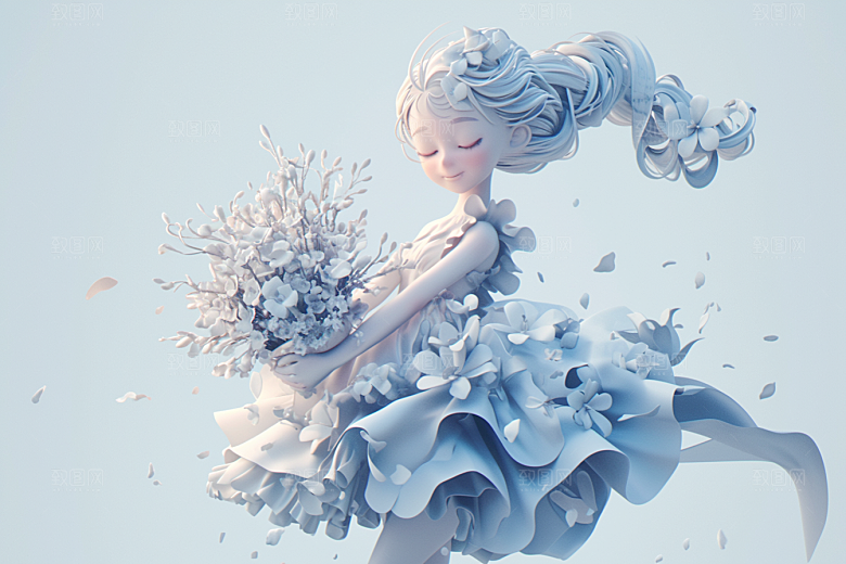 手捧鲜花的少女清新自然素材