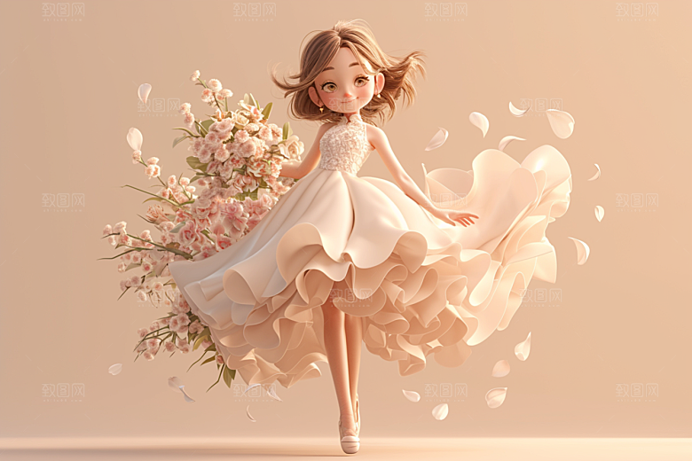 手捧鲜花的少女立体唯美素材