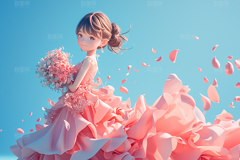 手捧鲜花的少女花朵烂漫素材
