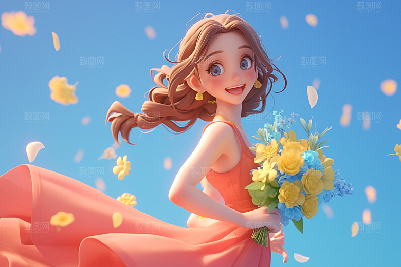 手捧鲜花的少女清新青春素材