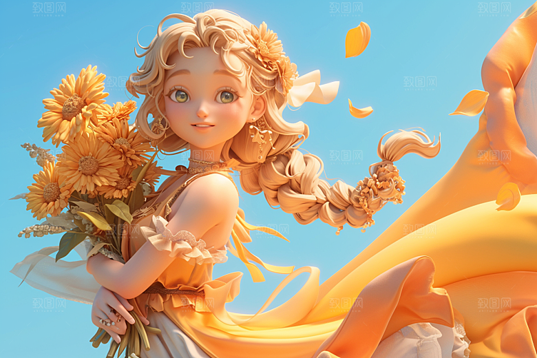 手捧鲜花的少女立体唯美素材