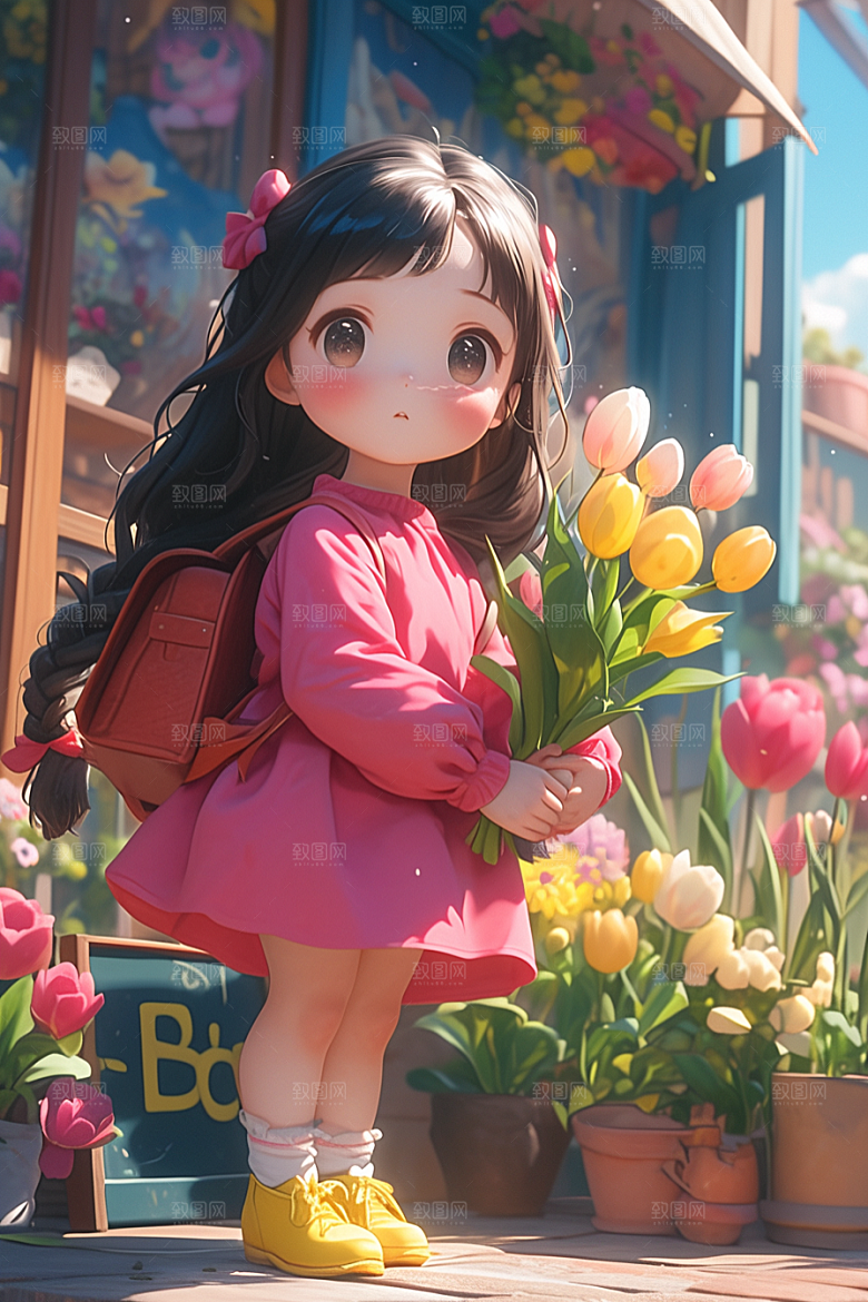 手捧鲜花的少女模型烂漫素材