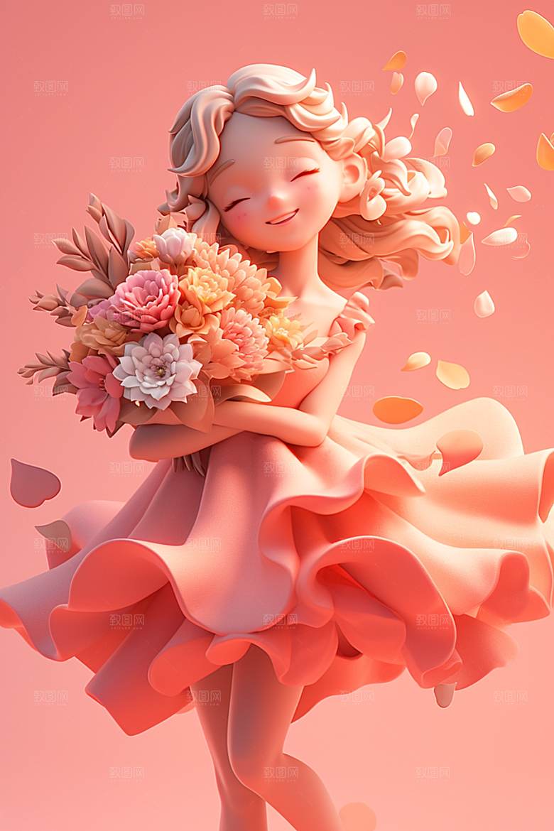 手捧鲜花的少女模型春天素材